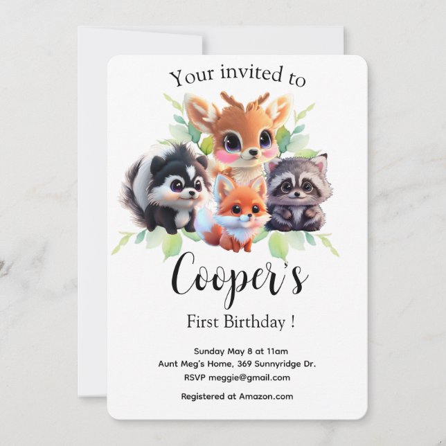 Cute Woodland friends fox skunk raccoon deer (Front)