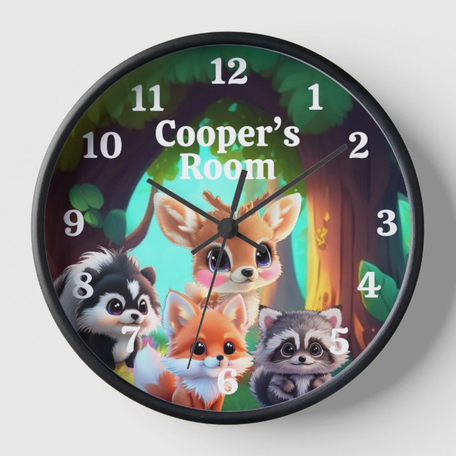Cute Woodland friends fox skunk raccoon deer Clock (Front)