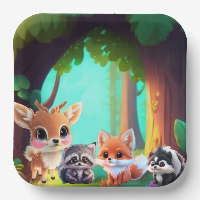 Cute Woodland friends fox skunk raccoon deer Paper Plates (Front)