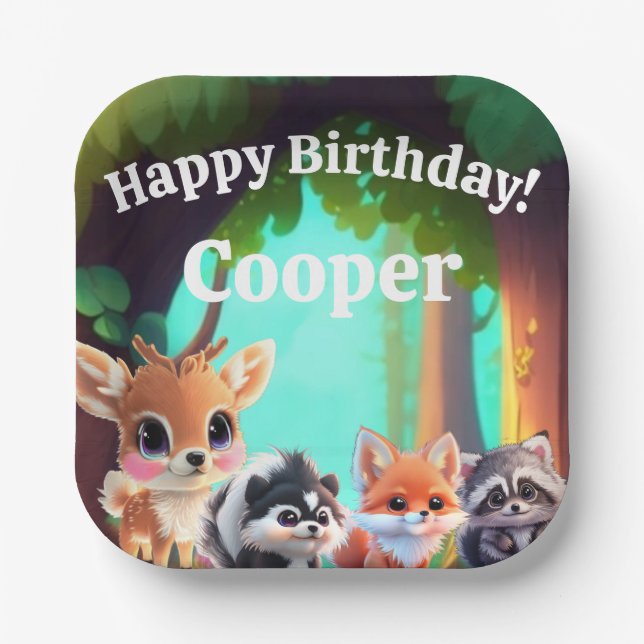 Cute Woodland friends fox skunk raccoon deer Paper Plates (Front)
