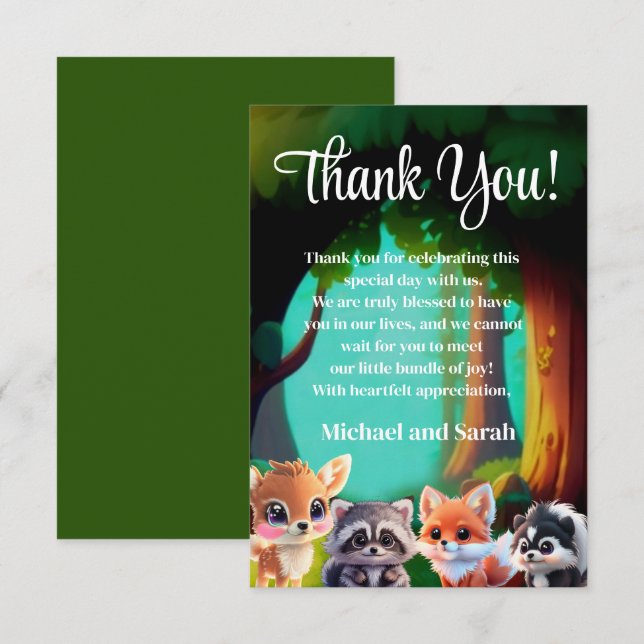 Cute Woodland friends fox skunk raccoon deer Thank You Card (Front/Back)