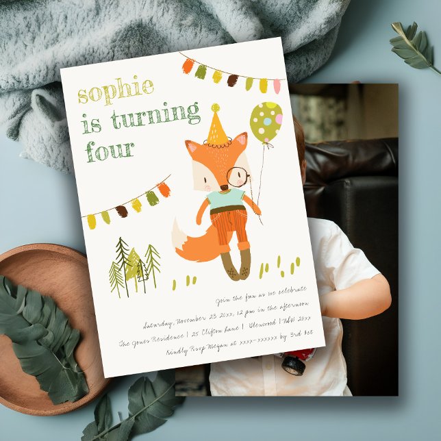 Cute Woodland Fun Party Fox Kids Birthday Photo Invitation (Creator Uploaded)