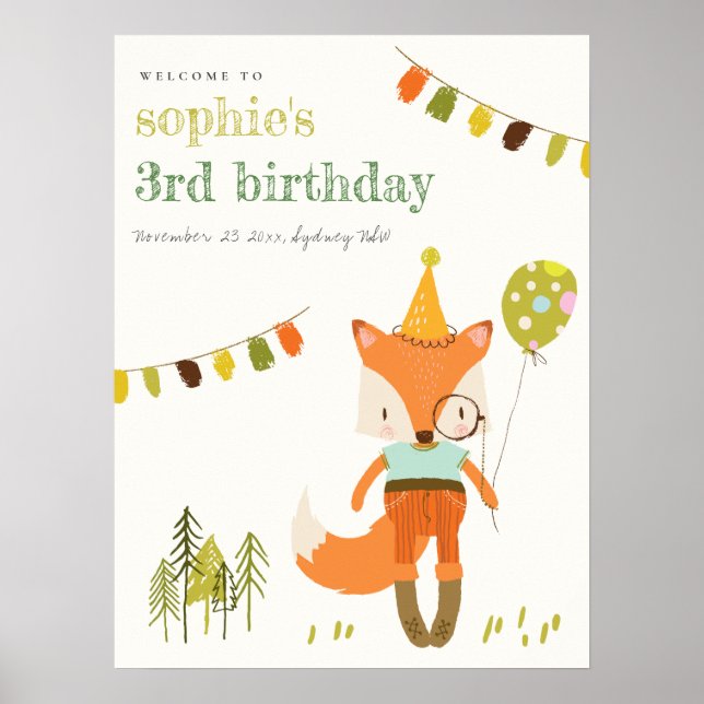 Cute Woodland Fun Party Fox Kids Birthday Welcome Poster (Front)