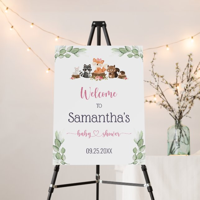 Cute Woodland Girl Baby Shower Greenery Welcome Foam Board (In Situ (Stand))