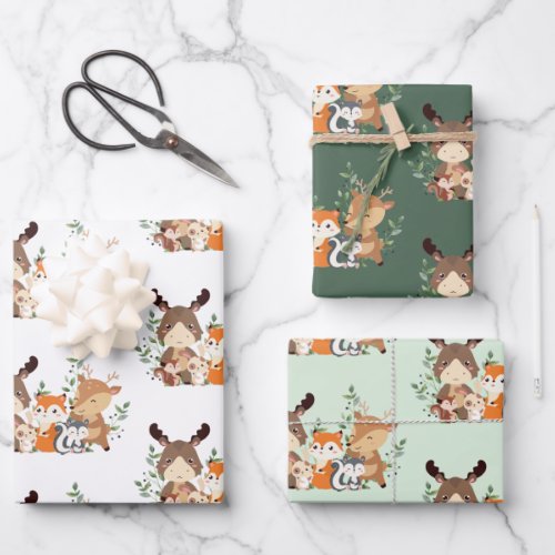Cute Woodland Green Forest Animals Wrapping Paper