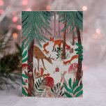 Cute Woodland green & pink woodland animals Forest Holiday Card<br><div class="desc">A cute woodland green & pink christmas card with woodland forest animals around a christmas gift in nature with snow.</div>