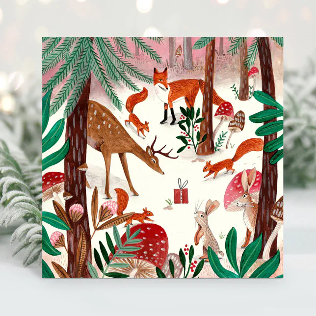 Cute Woodland green & pink woodland animals Forest Holiday Card | Zazzle