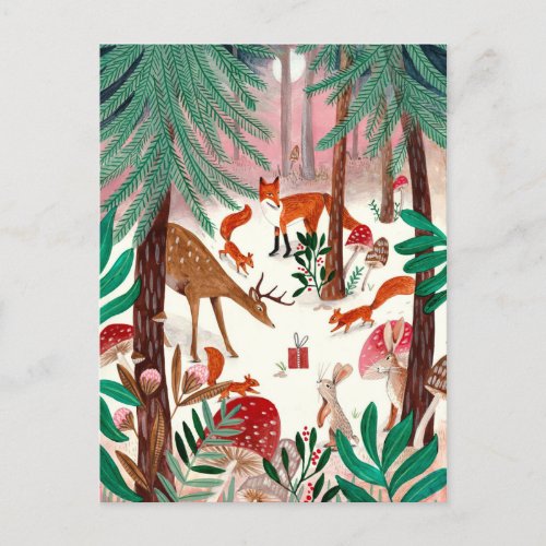 Cute Woodland green  pink woodland animals Forest Holiday Postcard