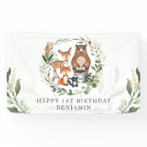 Cute Woodland Greenery Animals Happy Birthday Banner