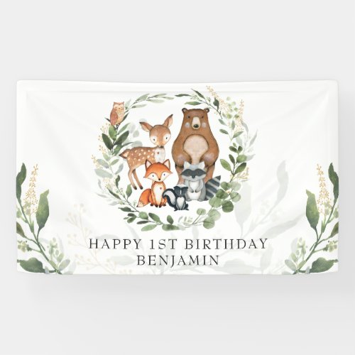 Cute Woodland Greenery Animals Happy Birthday Banner