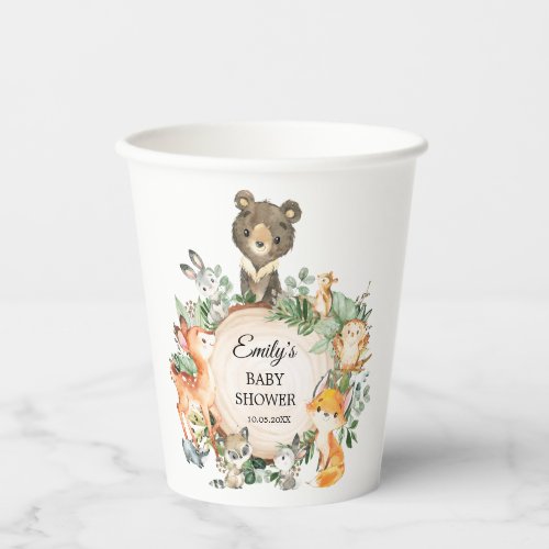 Cute Woodland Greenery Animals Neutral Baby Shower Paper Cups
