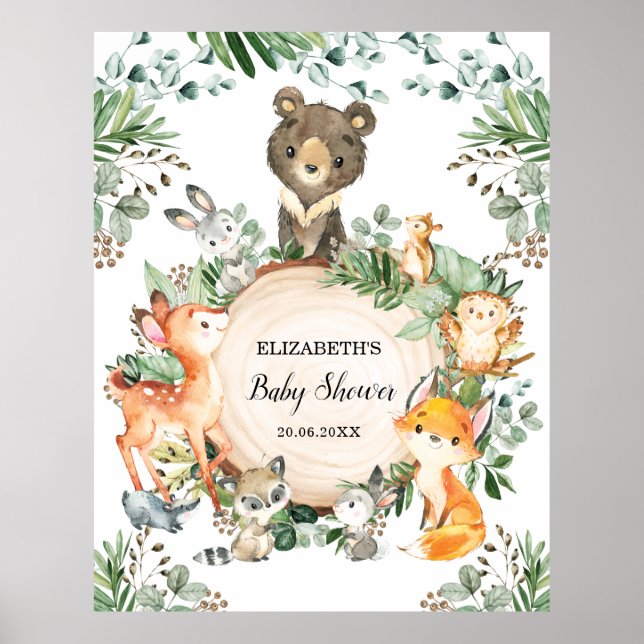 Cute Woodland Greenery Baby Animals Shower Party Poster (Front)