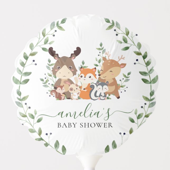 Cute Woodland Greenery Forest Animals Baby Shower Balloon (Front)