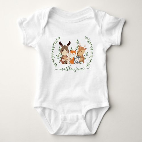 Cute Woodland Greenery  Forest Animals Monogram Baby Bodysuit