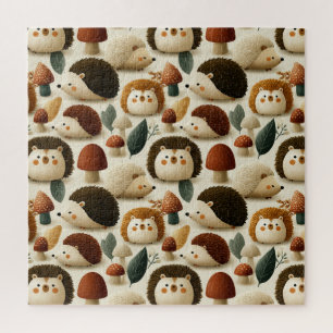 Cute Woodland Hedgehog and Mushroom Pattern Jigsaw Puzzle