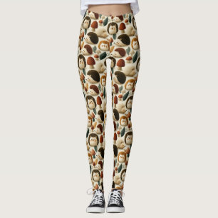 Cute Woodland Hedgehog and Mushroom Pattern Leggings