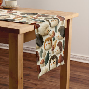 Cute Woodland Hedgehog and Mushroom Pattern Short Table Runner