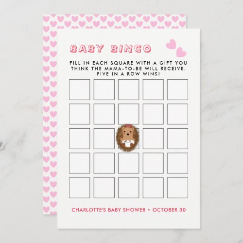 Cute Woodland Hedgehog Baby Girl Shower Bingo Game Invitation