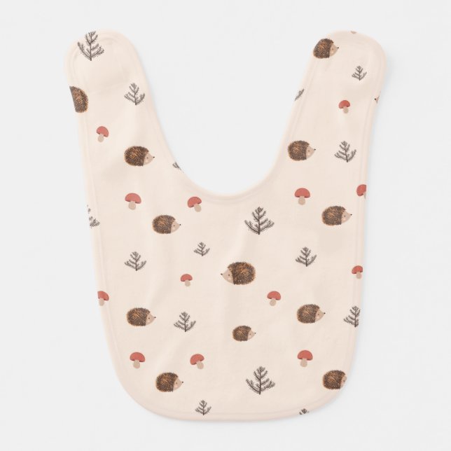 Cute Woodland Hedgehog & Mushroom Pattern Baby Bib (Front)