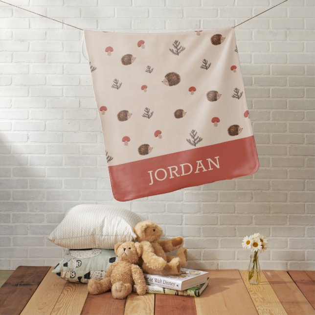 Cute Woodland Hedgehog & Mushroom Pattern Baby Blanket (In Situ)