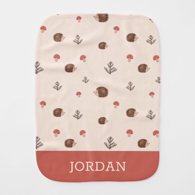 Cute Woodland Hedgehog & Mushroom Pattern Baby Burp Cloth (Front)