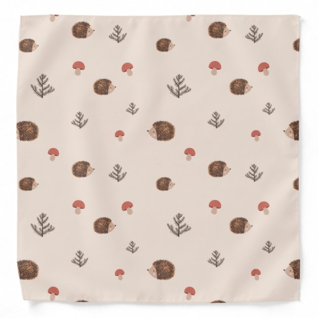 Cute Woodland Hedgehog & Mushroom Pattern Bandana (Front)