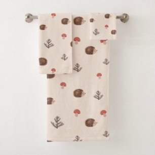 Cute Woodland Hedgehog & Mushroom Pattern Bath Towel Set