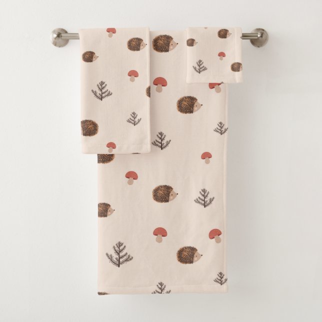 Cute Woodland Hedgehog & Mushroom Pattern Bath Towel Set (Insitu)