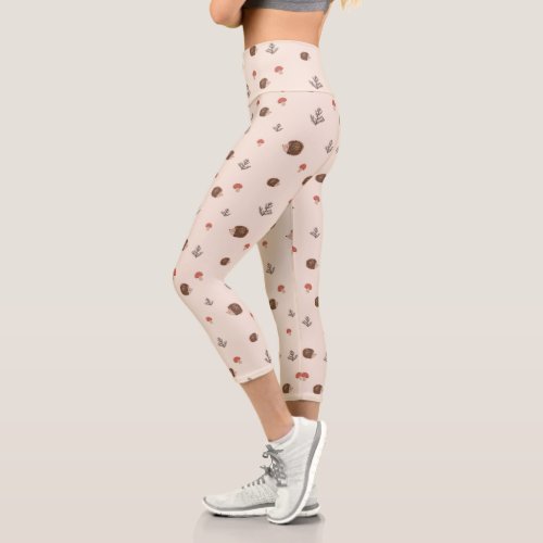 Cute Woodland Hedgehog  Mushroom Pattern Capri Leggings