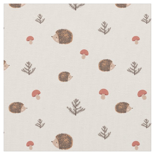Cute Woodland Hedgehog & Mushroom Pattern Fabric (Close Up)