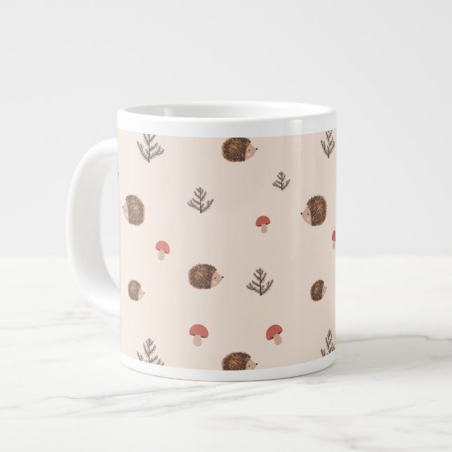 Cute Woodland Hedgehog & Mushroom Pattern Giant Coffee Mug (Front Left)