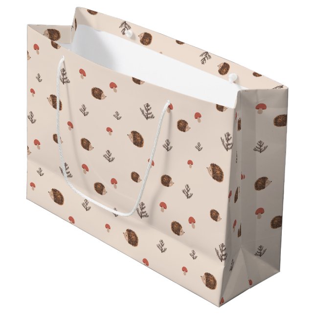 Cute Woodland Hedgehog & Mushroom Pattern Large Gift Bag (Front Angled)