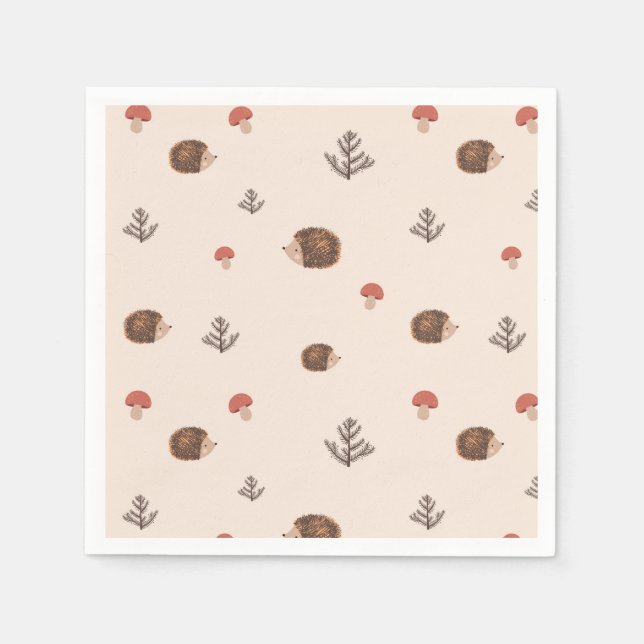 Cute Woodland Hedgehog & Mushroom Pattern Napkins (Front)