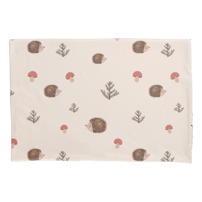 Cute Woodland Hedgehog & Mushroom Pattern Pillow Case (Front)