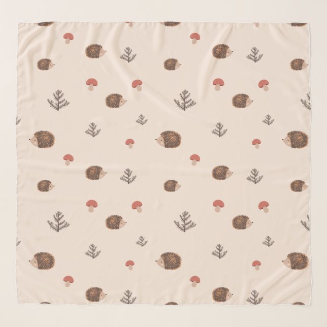 Cute Woodland Hedgehog & Mushroom Pattern Scarf (Front)