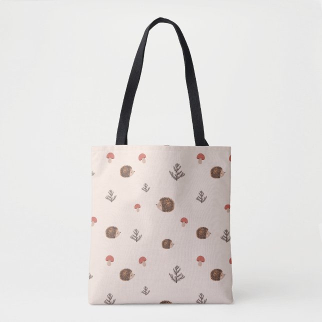 Cute Woodland Hedgehog & Mushroom Pattern Tote Bag (Front)