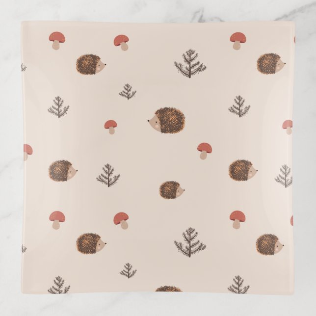 Cute Woodland Hedgehog & Mushroom Pattern Trinket Tray (Front)