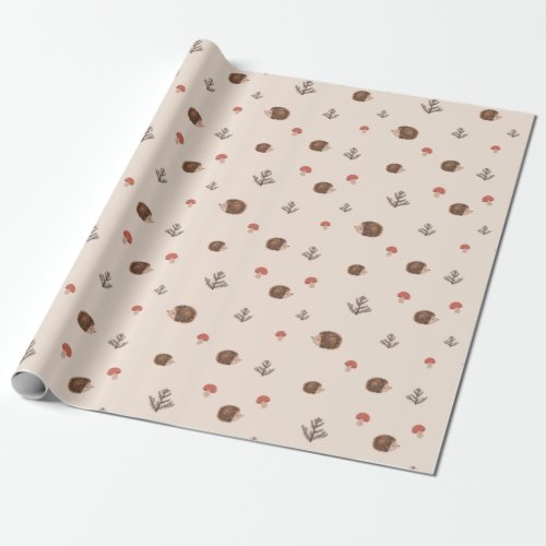 Cute Woodland Hedgehog  Mushroom Pattern Wrapping Paper