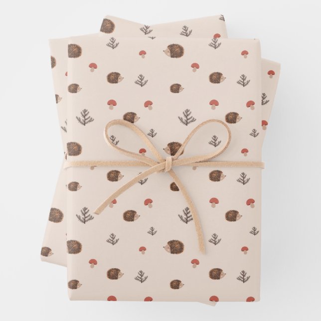 Cute Woodland Hedgehog & Mushroom Pattern Wrapping Paper Sheets (In situ)