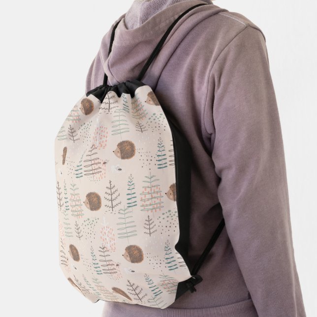 Cute Woodland Hedgehog Pattern Drawstring Bag (Insitu)