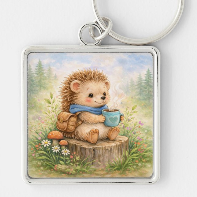 Cute Woodland Hedgehog With Mug Keychain (Front)