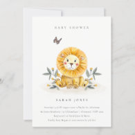 Cute Woodland Lion Foliage Baby Shower Invite