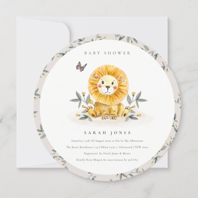 Cute Woodland Lion Foliage Baby Shower Invite (Front)