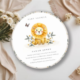 Cute Woodland Lion Foliage Baby Shower Invite