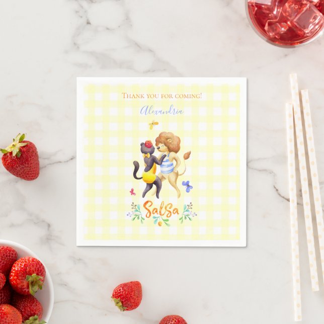 Cute Woodland Lions Dancing Salsa Yellow Gingham  Napkins (Insitu)