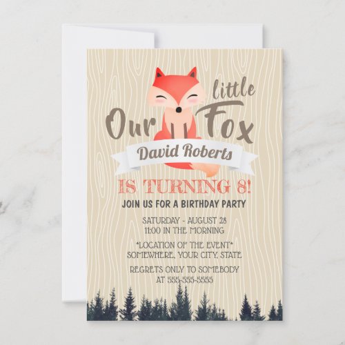 Cute Woodland Little Fox 8th Birthday Party Invitation