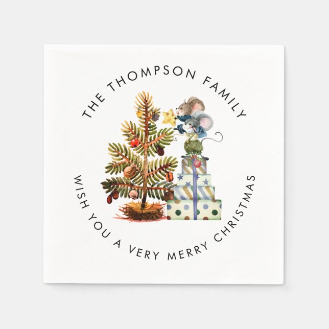 Cute Woodland Mice Merry Christmas Tree Name Napkins (Front)