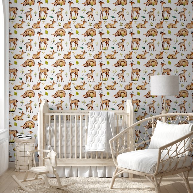 Cute woodland Mommy baby unisex deer Nursery Wallpaper (Kids)