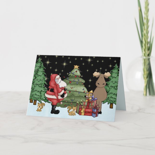 Cute Woodland Moose and Santa Christmas Holiday Card (Front)