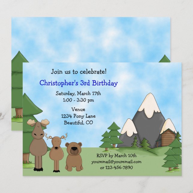 Cute Woodland Mountain Animals Boy's Birthday Invitation (Front/Back)